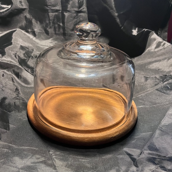 Vintage Teakwood Cheese Tray with Cloche Glass Dome - Picture 4 of 4